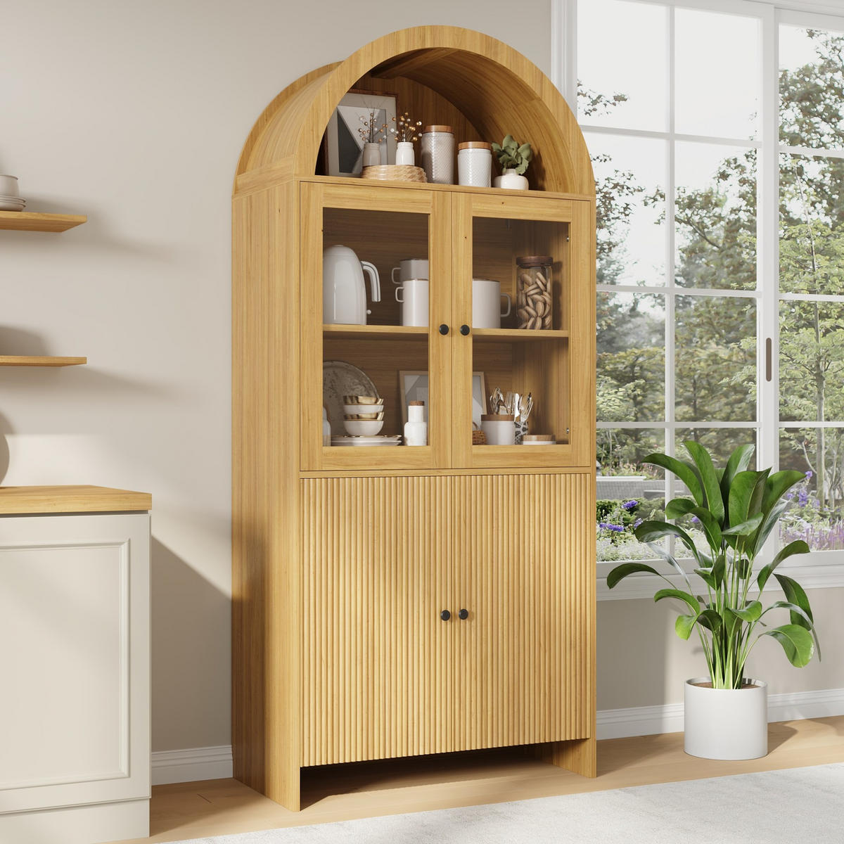 VITRINENSCHRANK 78/40/176 cm mit Glastüren, gewölbtem Design und Wellenfront aus Spanplatte, Natur - Naturfarben, Holzwerkstoff (78/176/40cm) - Redom