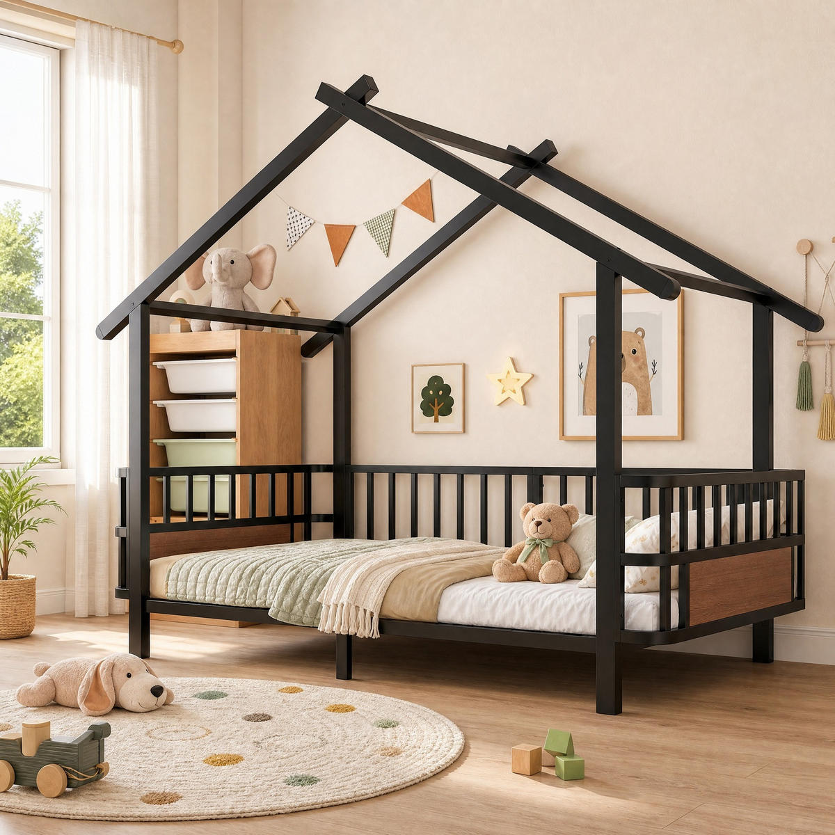 KINDERBETT 90/200 mit Sicherheitsgitter, Dachdesign und Metallrahmen in Schwarz - Schwarz, Metall (90/200cm) - EVRYAE