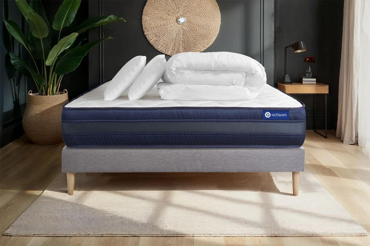 BETT Actimemo tech Memory-Schaum 140 x 190 cm h4 - Kit Bettgestell Grau - Mit Kissen und Bettdecke - Beige/Grau, Karton/Holz (140/190cm) - ACTISOM