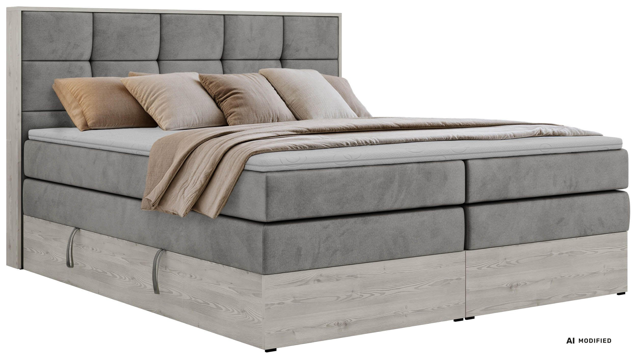 BOXSPRINGBETT ALNOR KING 140/200 - Hellgrau Velvet - Topper Visco - H3 - Hellgrau/Schwarz, Kunststoff/Textil (140/200cm) - MKS