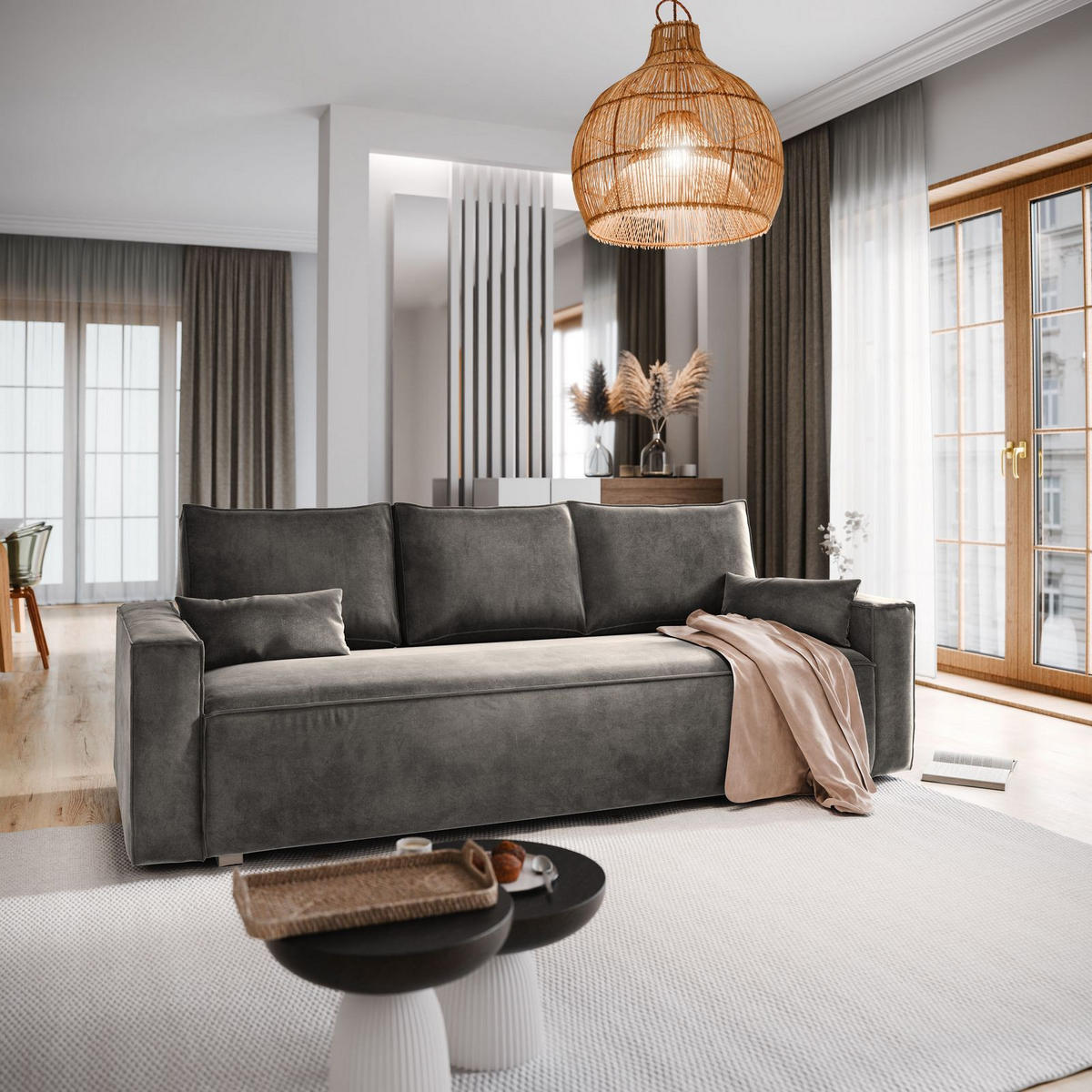 BETTSOFA ALATRI Grau Velours-Stoff mit Schlaffunktion - Grau, Textil (230/85/87cm) - MASSENO