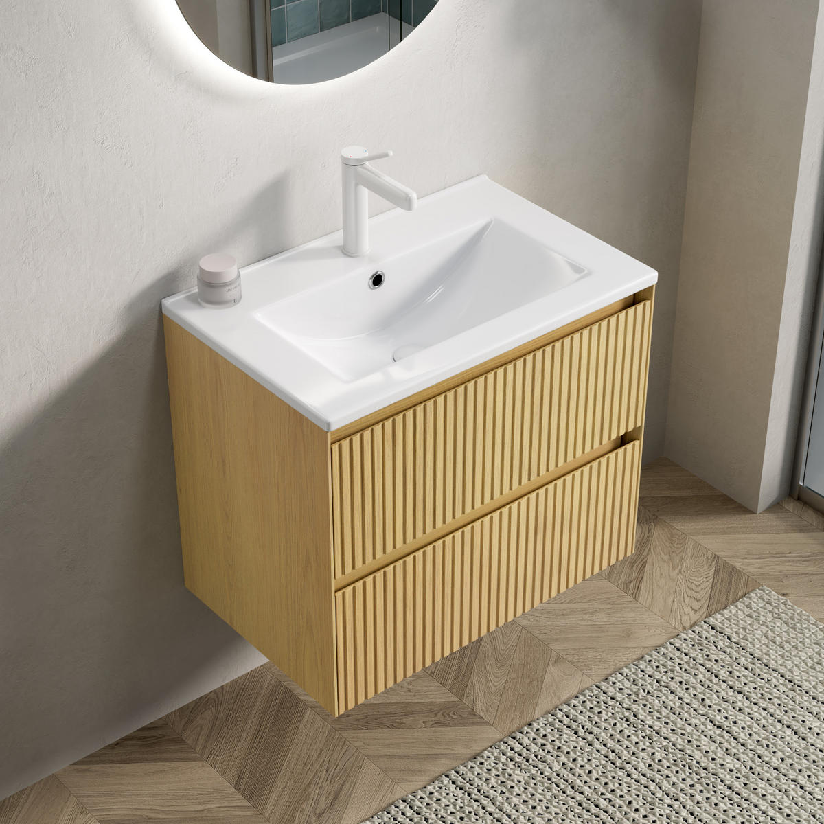 WASCHTISCHKOMBI 61 cm in Eiche mit Keramikbecken und Soft-Close-Schubladen - Eichefarben, Keramik (61/51.5/39cm) - BEAOK