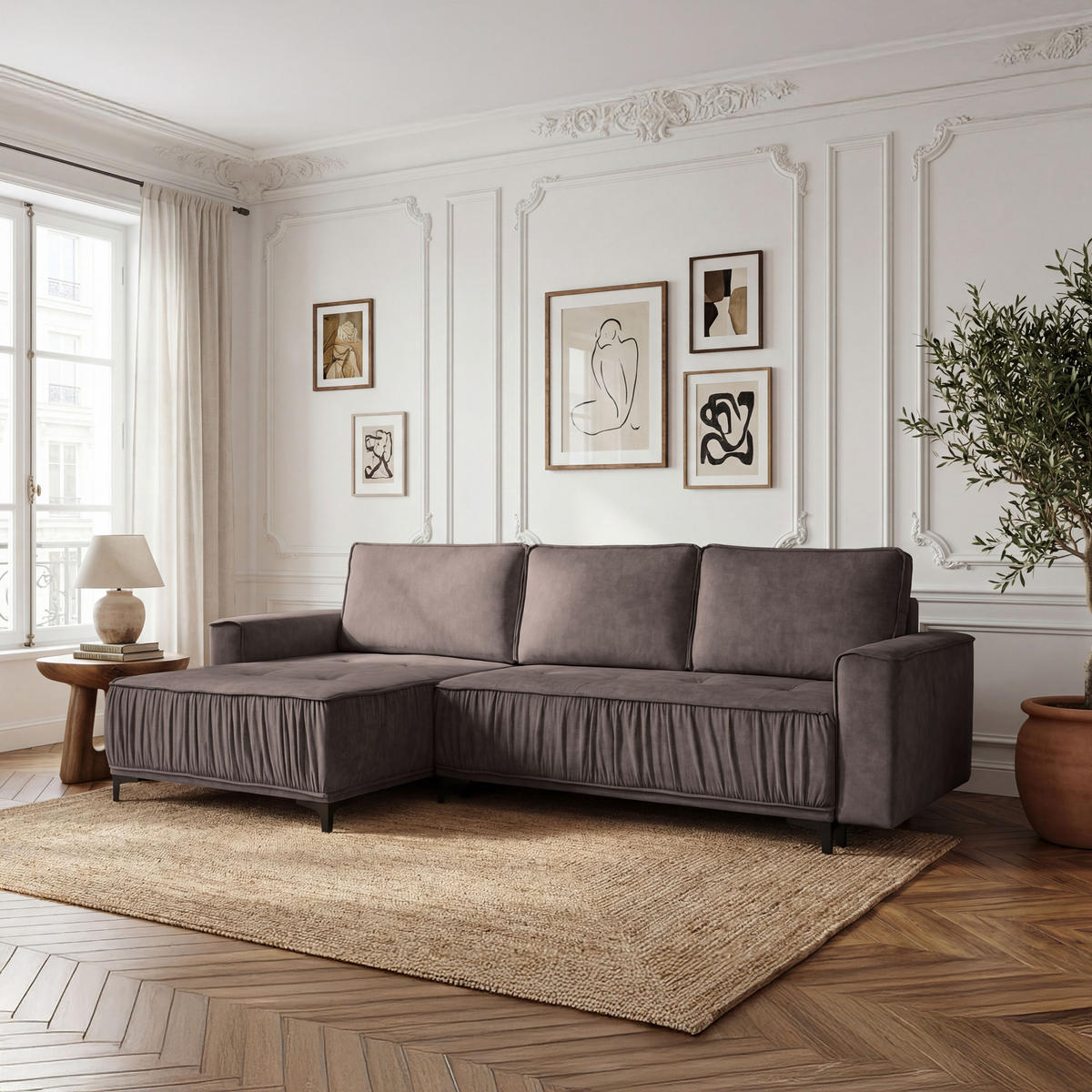ECKSOFA Velora mit Schlaffunktion & Stauraum, Universell Rechts/Links, Braun Samt 270/92/150 cm - Schwarz/Braun, Textil/Metall (270/150cm) - WFL GROUP