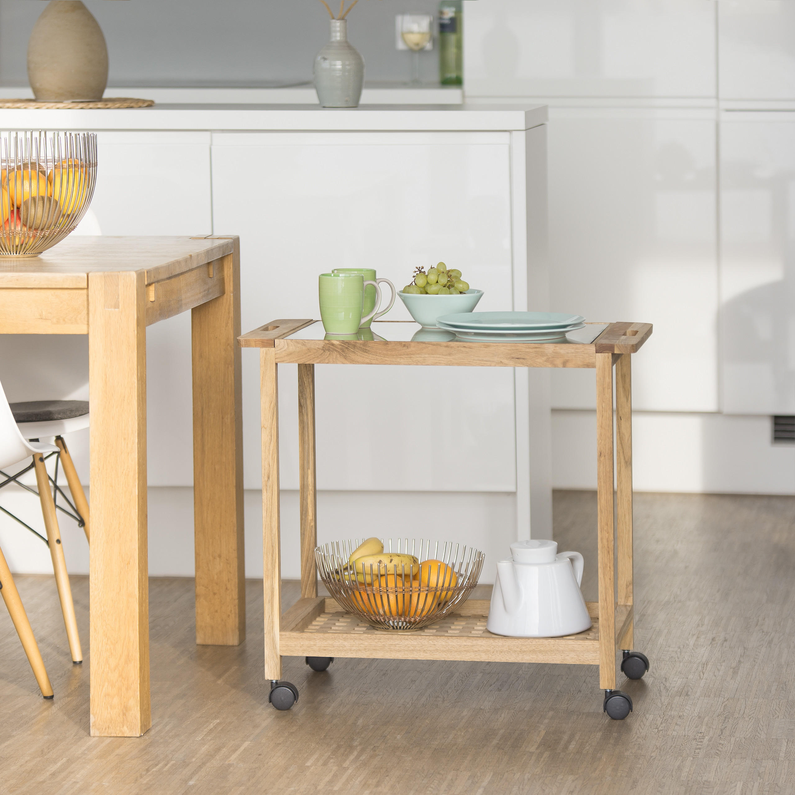 KÜCHENWAGEN - Hellbraun, Glas/Holz (66/62/38cm) - Relaxdays