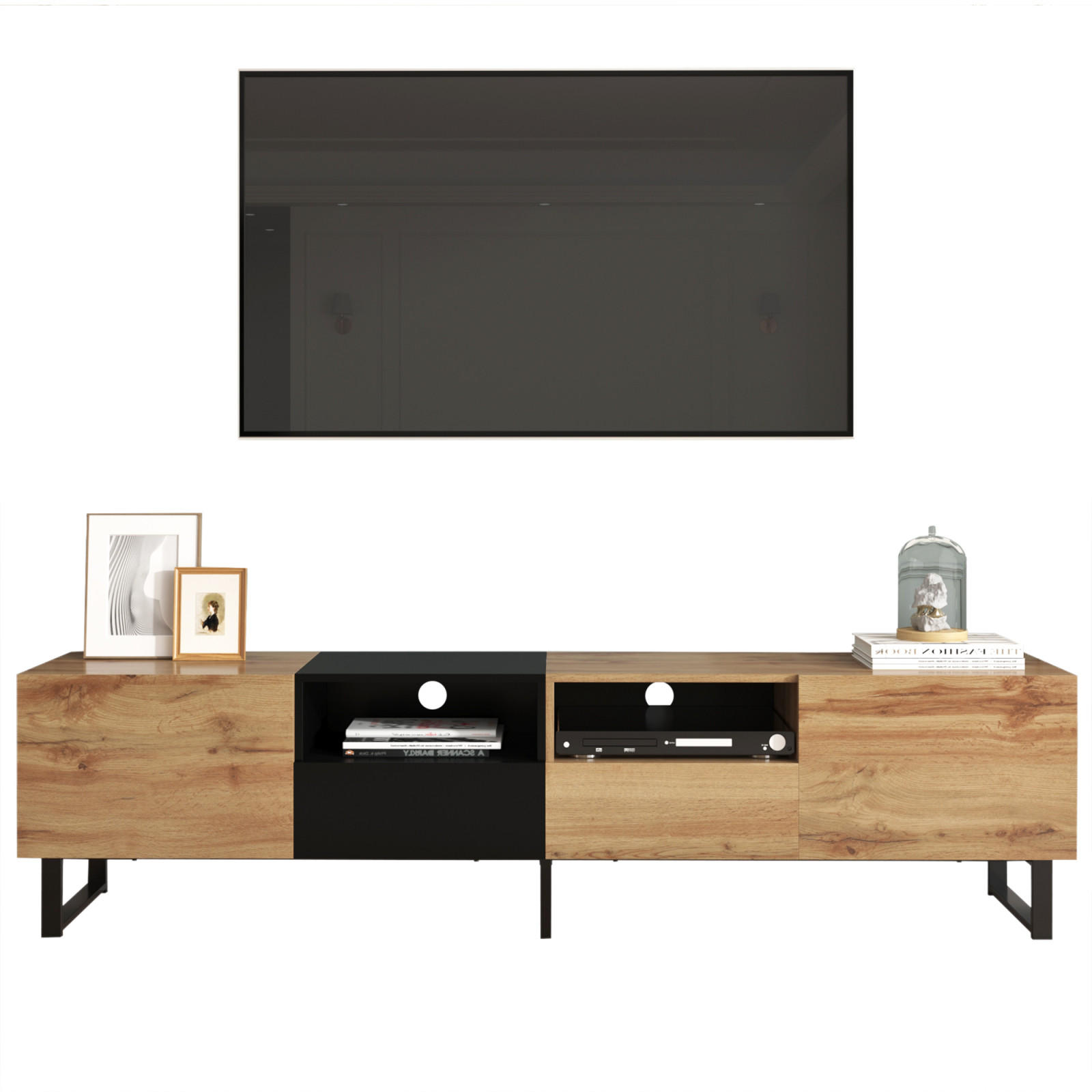 TV Lowboard 190x38x48 cm, 2 Türen, 2 Schubladen, Schwarz Holz - Schwarz, Holz (190/48/38cm)