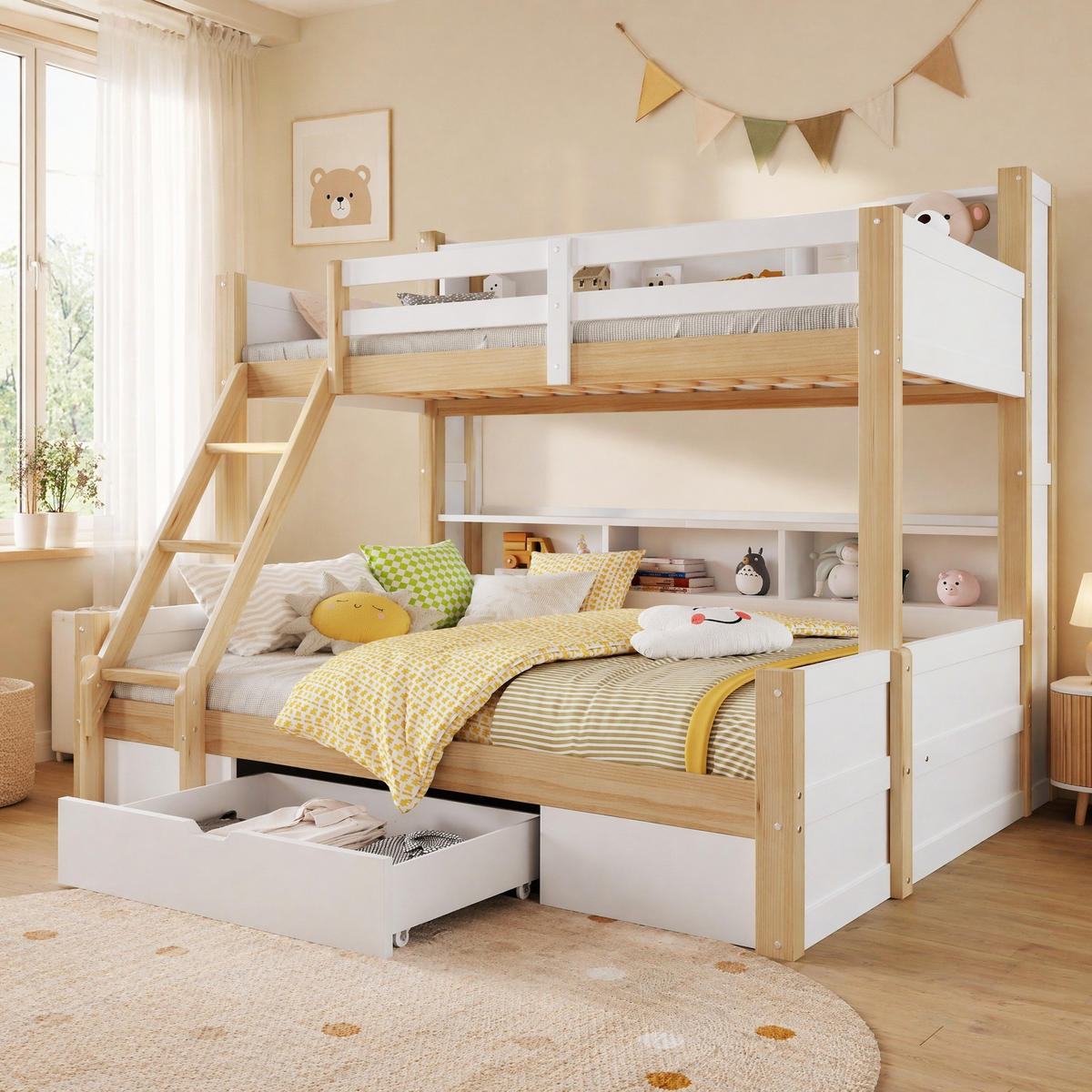 ETAGENBETT 90/200+140/200 cm in Weiß/Natur mit LED-Beleuchtung und Stauraum - Weiß, Holz (90/200cm) - OKMYHOME