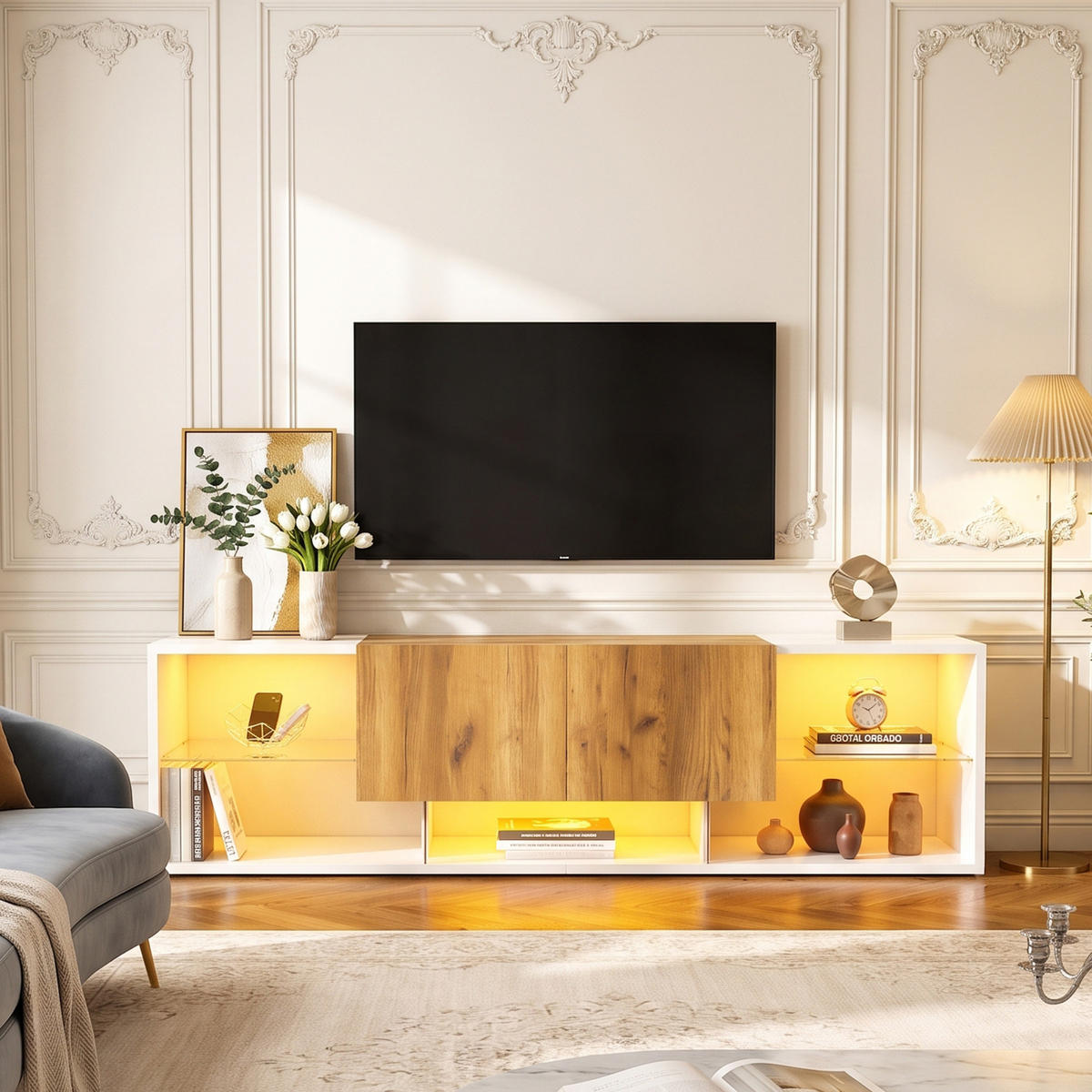 TV-ELEMENT mit Stauraum, LED und 2 Schubladen, moderner Stil, 160 x 40 x 42 cm - Multicolor, Glas/Holz (40/42/160cm) - GENKI LIVING