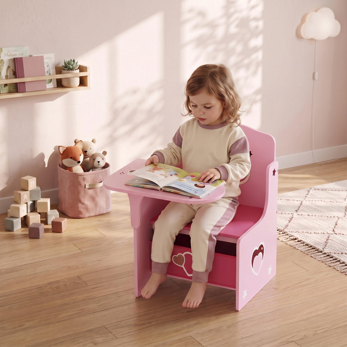KINDERTISCH-MIT-STUHL MDF Vliesstoff Rosa - Rosa, Holzwerkstoff/Textil (51/59/58.5cm) - AIYAPLAY
