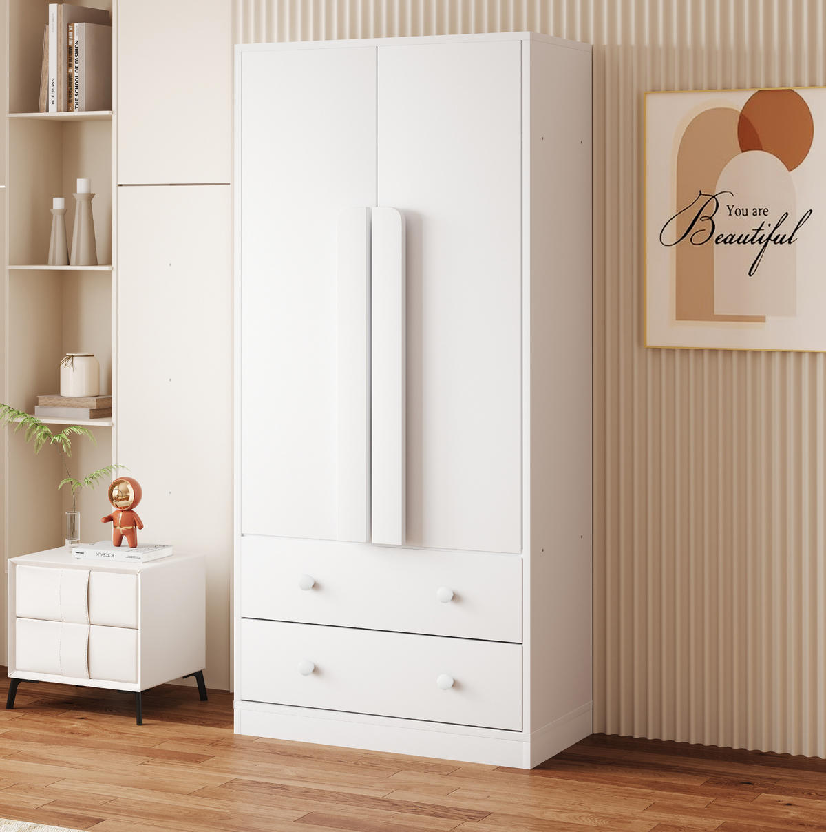 KLEIDERSCHRANK aus Holz 70x40x170 cm Weiß mit Doppeltüren, 2 Schubladen und großem Stauraum - Weiß, Holzwerkstoff (70/170/40cm) - Modfu