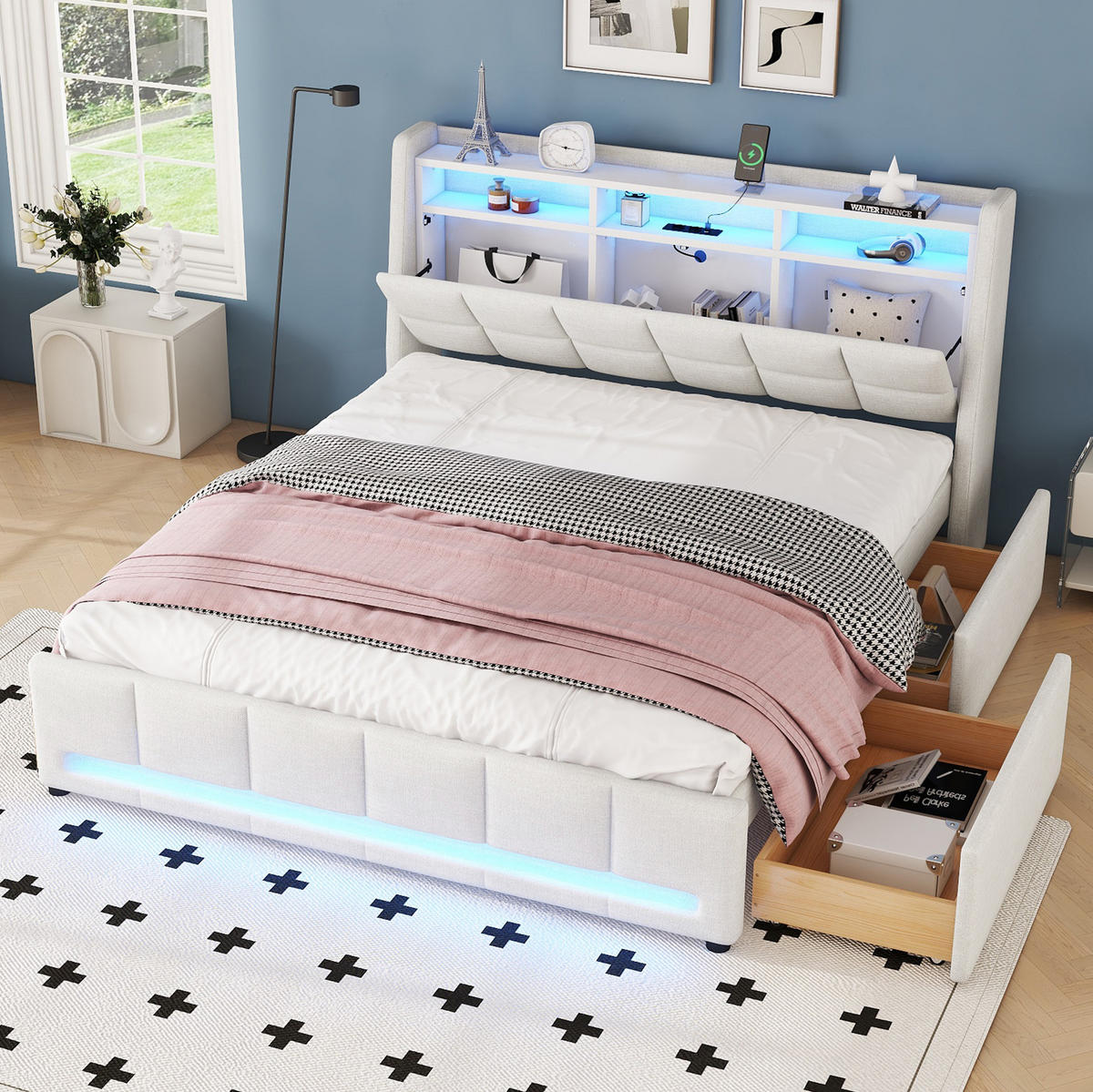 POLNJENA postelja iz lanu in MDF 140x200 cm bež z LED osvetlitvijo, USB priključkom in predali - bež, tekstil (140/200cm) - Modfu