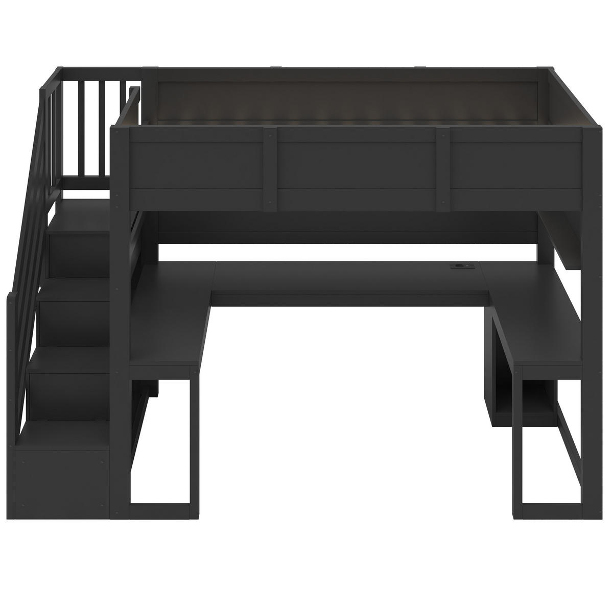 HOCHBETT aus MDF und Sperrholz 90x200 cm Schwarz mit Gaming-Schreibtisch, Stauraumtreppe, LED und USB-Anschluss - Schwarz, Holzwerkstoff (90/200cm) - Modfu