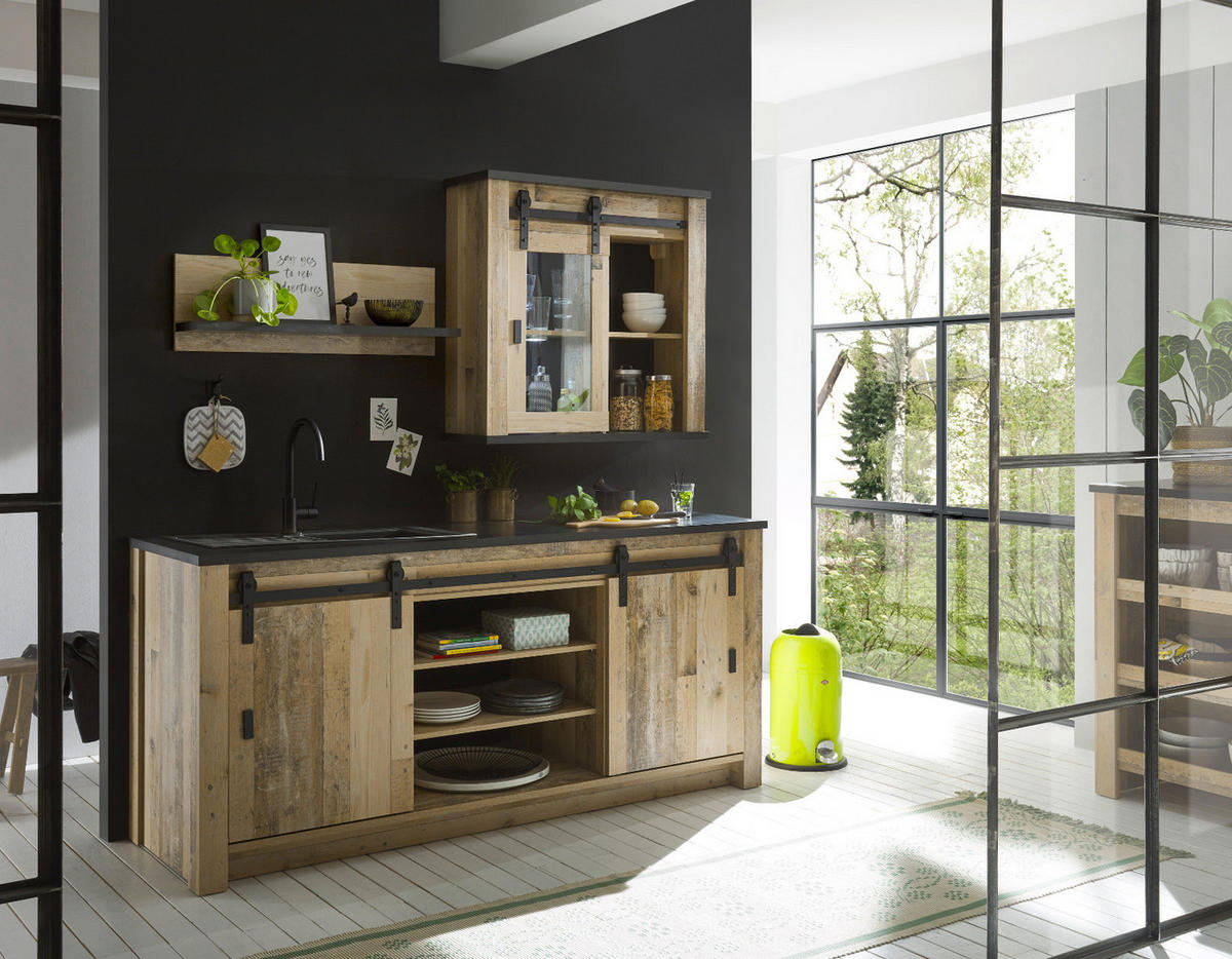 KÜCHENBLOCK in Used Wood Vintage 200 cm, Küchenschrank Set 3-teilig, mit Schiebetüren und Soft-Close - Anthrazit/Schwarz, Glas/Holzwerkstoff (200/200/64cm) - Furn.Design
