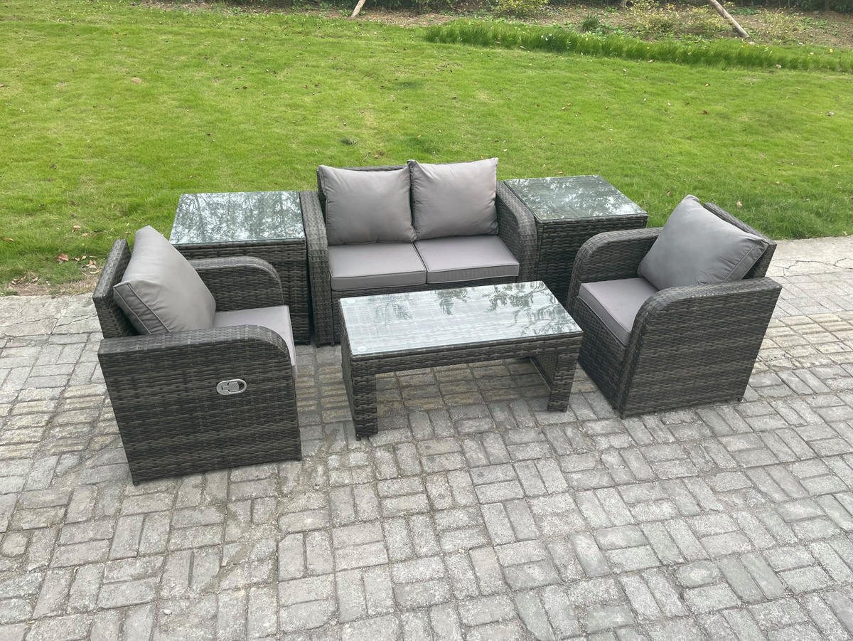 GARTENSOFA SET mit COUCHTISCH Polyrattan 4-Sitzer - Dunkelgrau/Grau, Glas/Kunststoff - Fimous