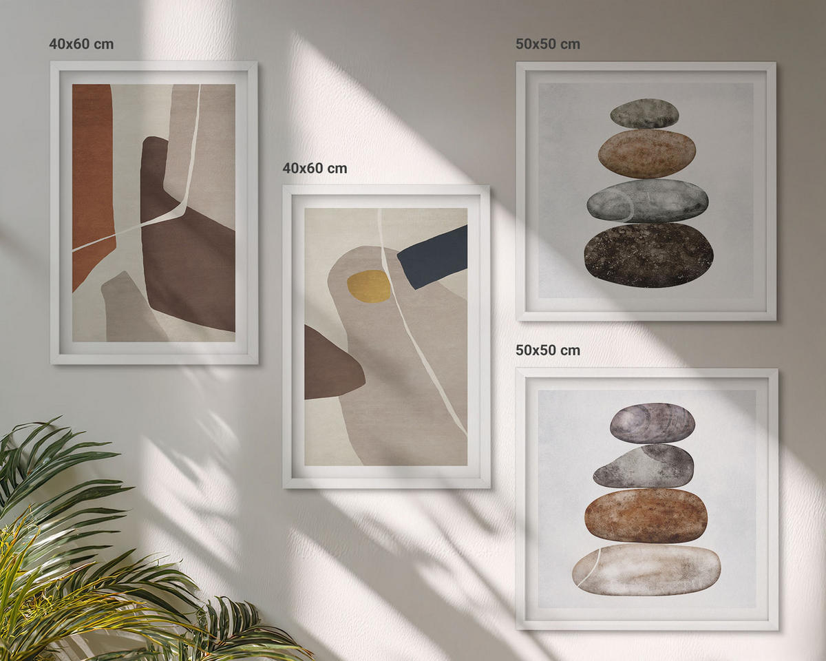 BILDER SET 4er Set - 50x50 cm & 40x60 cm Weißer Rahmen - Abstrakte Boho-Formen - Weiß, Kunststoff (50/50cm) - TULUP