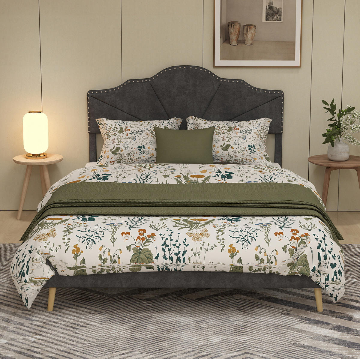 ČALÚNENÁ posteľ 160/200 cm s geometrickým čelom a lamelovým roštom, robustná a elegantná, Sivá - sivá, textil (160/200cm) - Redom