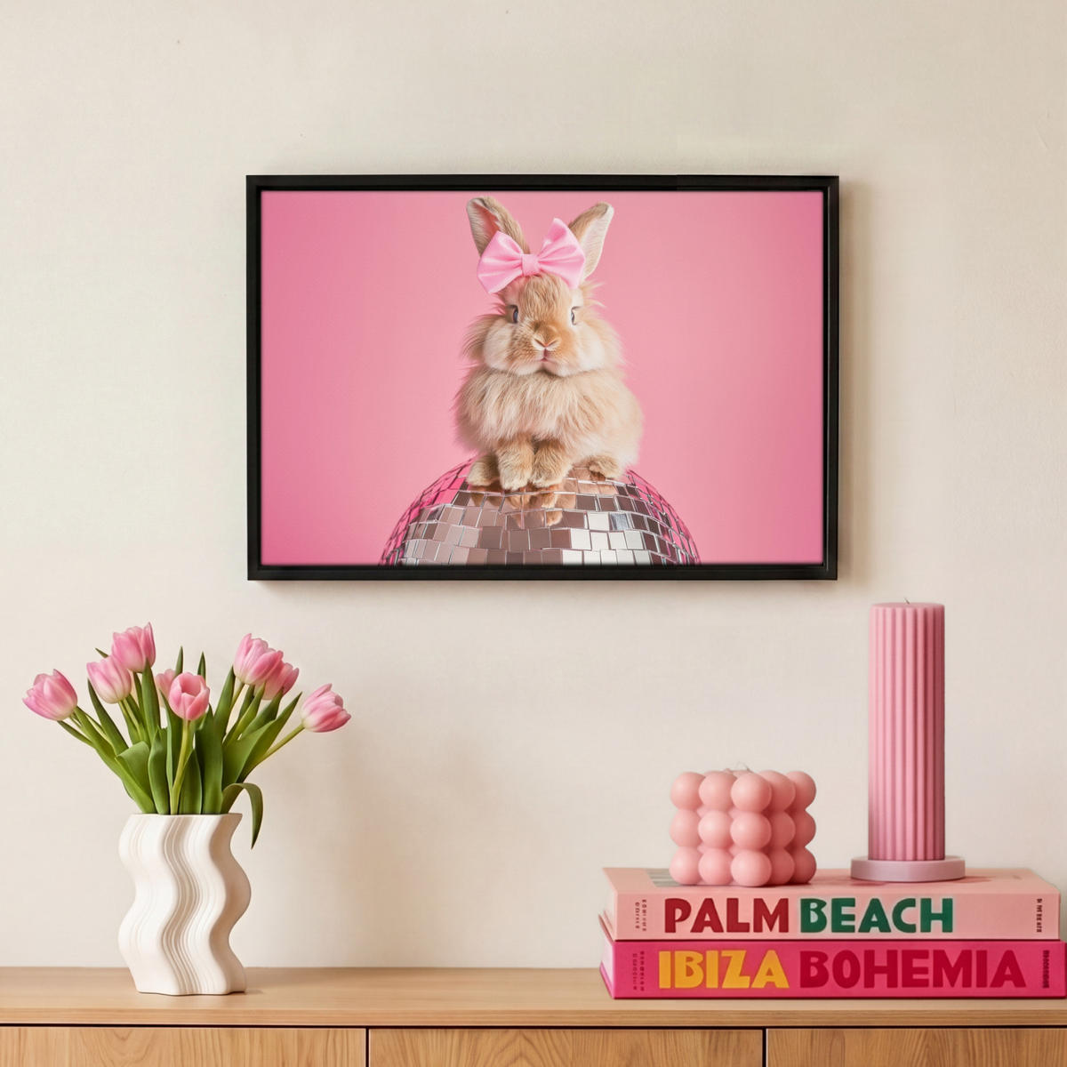 LEINWAND Bilder mit Rahmen - Schleife - Discoball - Kaninchen - 30x20 - Pink, Textil (30/20cm) - MuchoWow