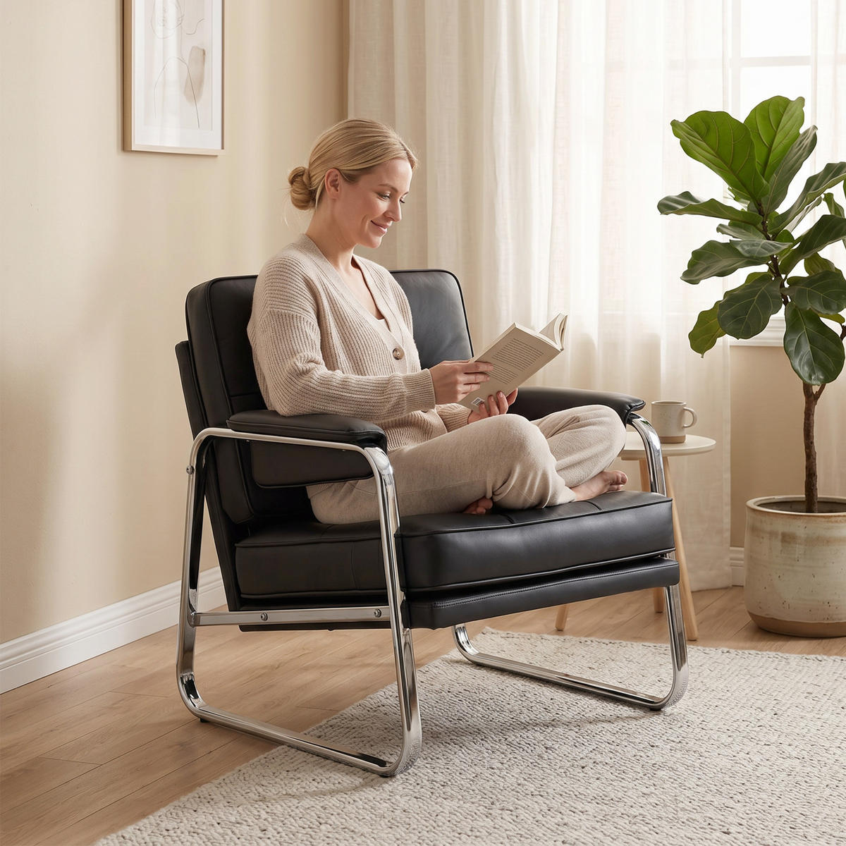 SESSEL LOUNGESESSEL DE-06615 breiter Sitz, Armlehnen, Stahlbeine, Kunstleder Schwarz - Schwarz, Leder/Metall (79/84/80cm) - ComfortXL