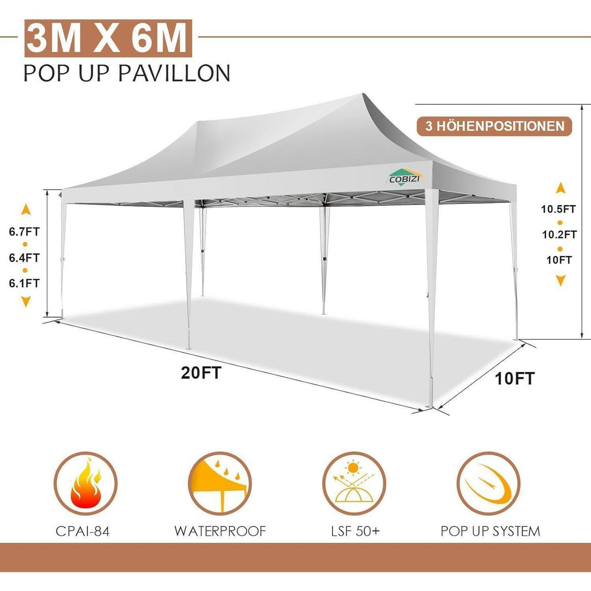 FALTPAVILLON 3 x 6 m Weiß Wasserdicht mit 6 Seitenteilen - Weiß, Textil (300/206/600cm)