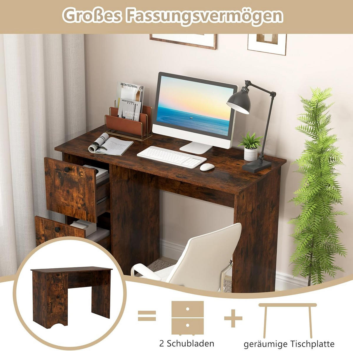 DATORBORD Brunt - Brun, Träbaserade material (50/109/75cm) - COSTWAY