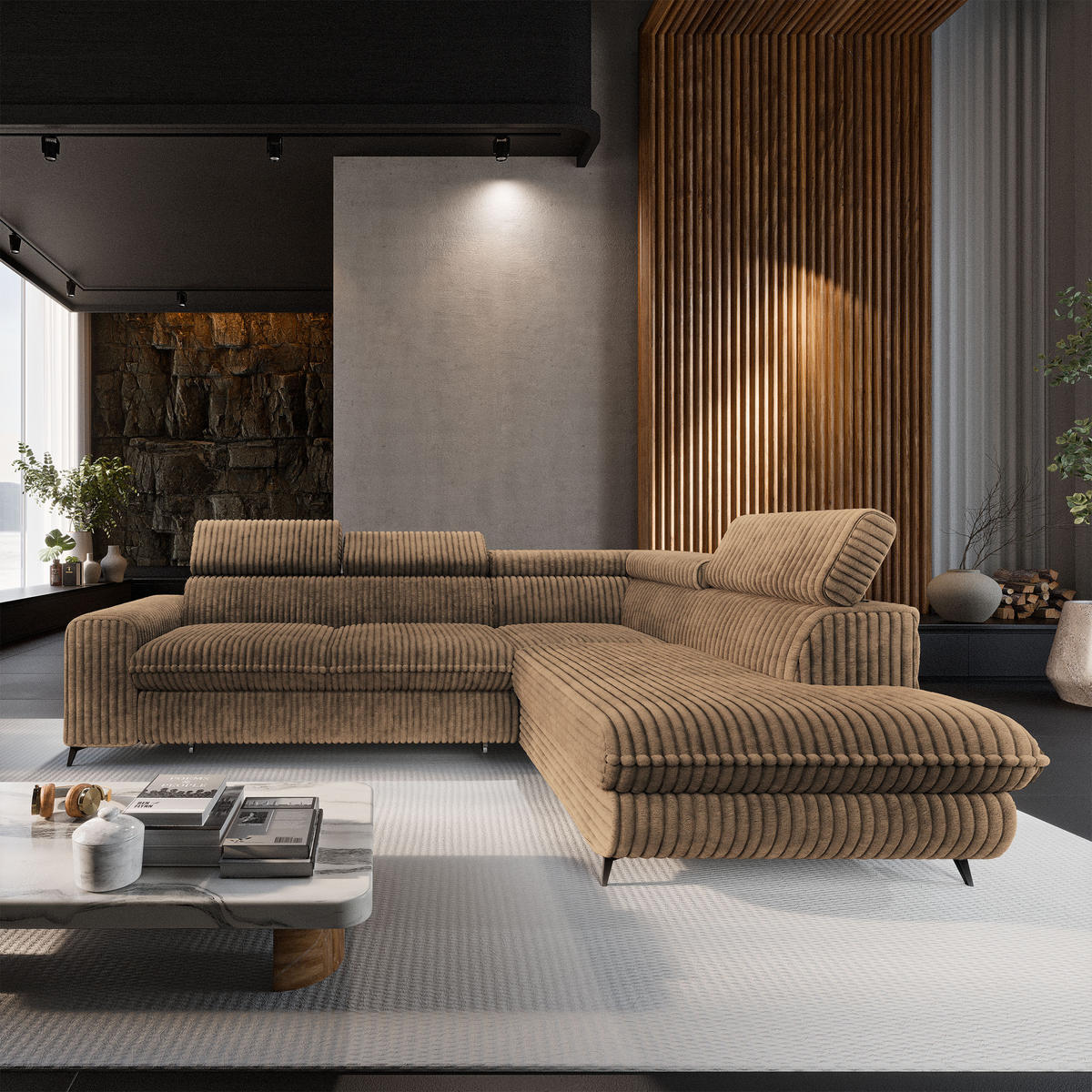 ECKSOFA VELISS Beige Kordstoff mit Schlaffunktion - Beige, Holz (255/193cm) - MASSENO