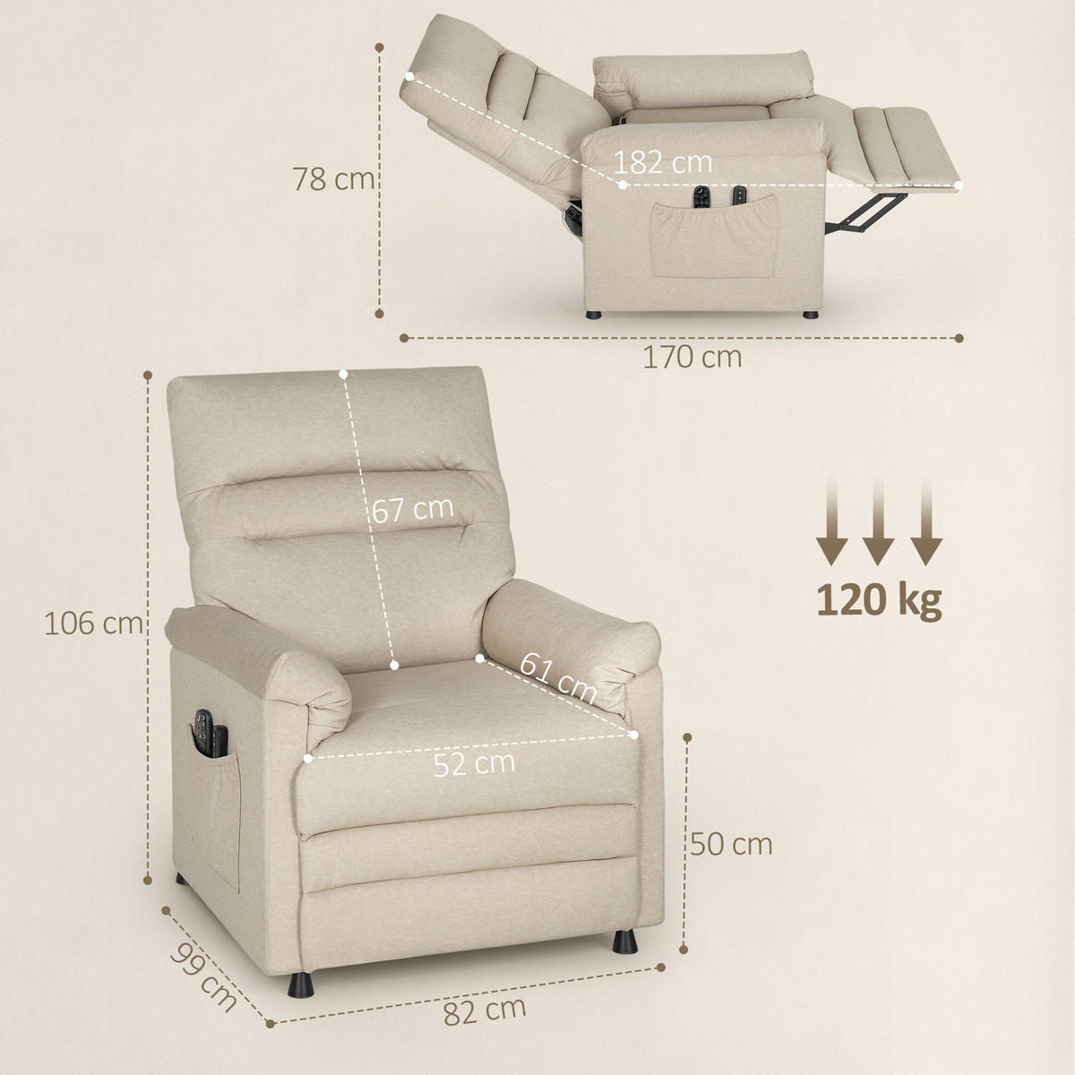 RELAXSESSEL, Fußstütze, Heizung, 8 Massagepunkte, 5 Programme, Samtbezug, Beige - Multicolor, Holzwerkstoff (99/106/82cm) - FORIOUS
