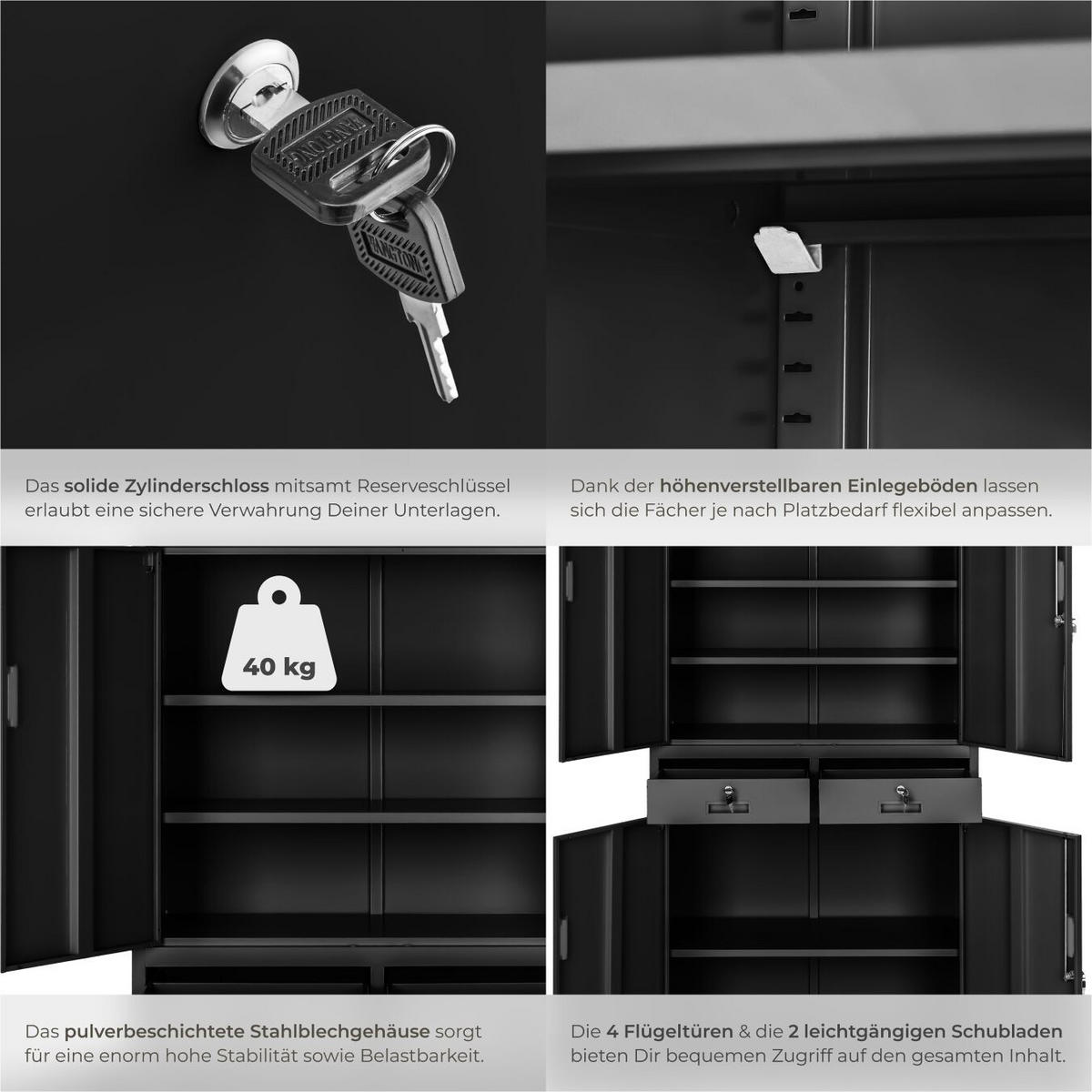 AKTENSCHRANK ,180 x 80 x 40 cm,schwarz/schwarz - Schwarz, Metall (40/180/80cm) - tectake