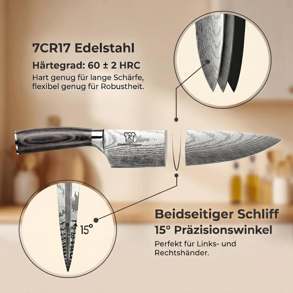 MESSER-SET 8-tlg. mit Edelstahlklingen und ergonomischen Pakkaholz-Griffen - Schwarz, Metall - Küchenkompane