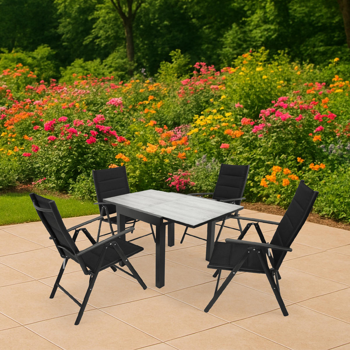GARTENGARNITUR Ashford - 5-teilig (4x Klappsessel, Aluminium dunkelgrau + Textilgewebe gepolstert schwarz) - Schwarz, Metall - TPFGarden