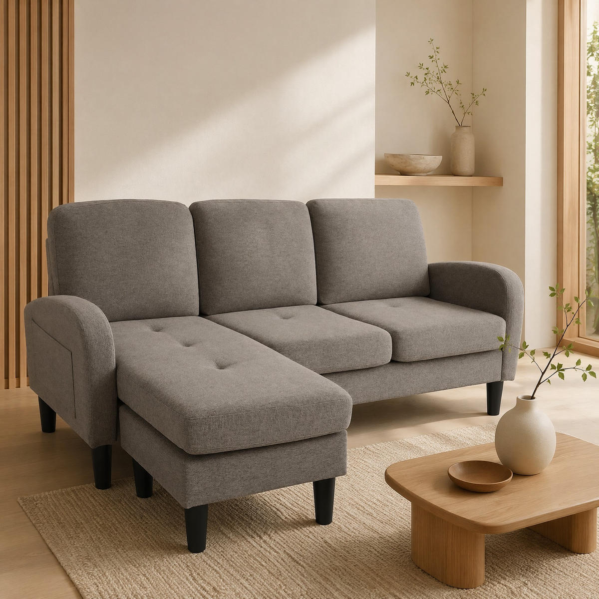ECKSOFA mit Baumwoll-Leinen-Bezug Antik-Dunkelgrau 166x118x77 cm, Chaiselongue beidseitig stellbar - Dunkelgrau, Kunststoff (118/166cm) - IVMEU