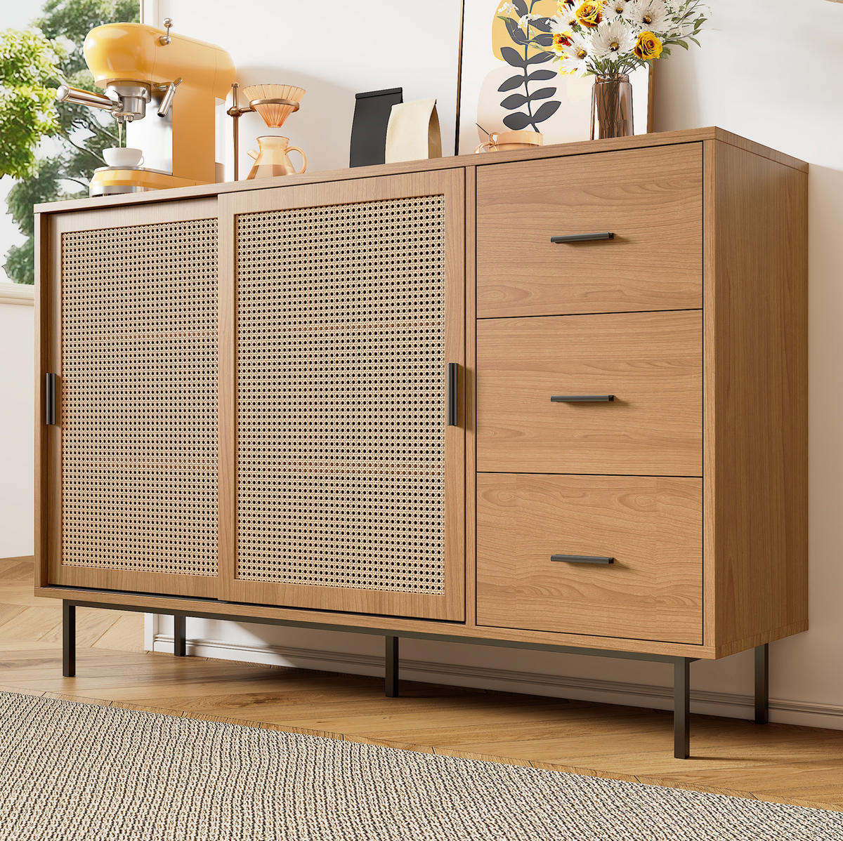 SIDEBOARD mit 2 Schiebetüren aus Rattan und 3 Schubladen, Natur, Spanplatte, 140/37/91 cm, Natur - Naturfarben, Holzwerkstoff (140/91/37cm) - Redom