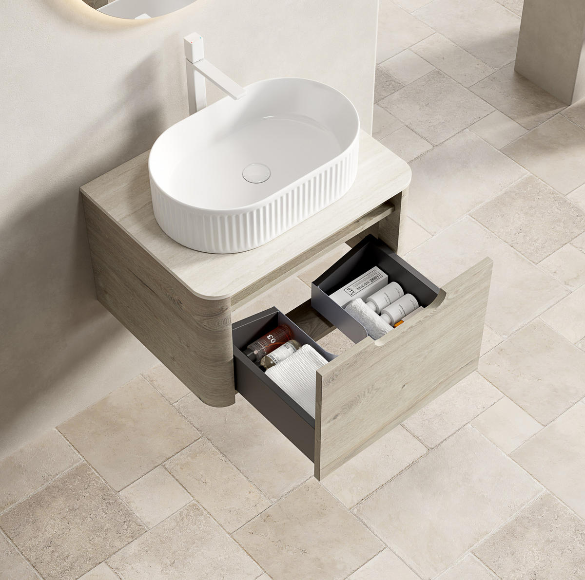 WASCHTISCHKOMBI 60x46x50.2cm Beige/Weiß mit ovalem Keramikbecken & Travertin-Arbeitsplatte - Creme, Keramik (60/50.2/46cm) - Modfu