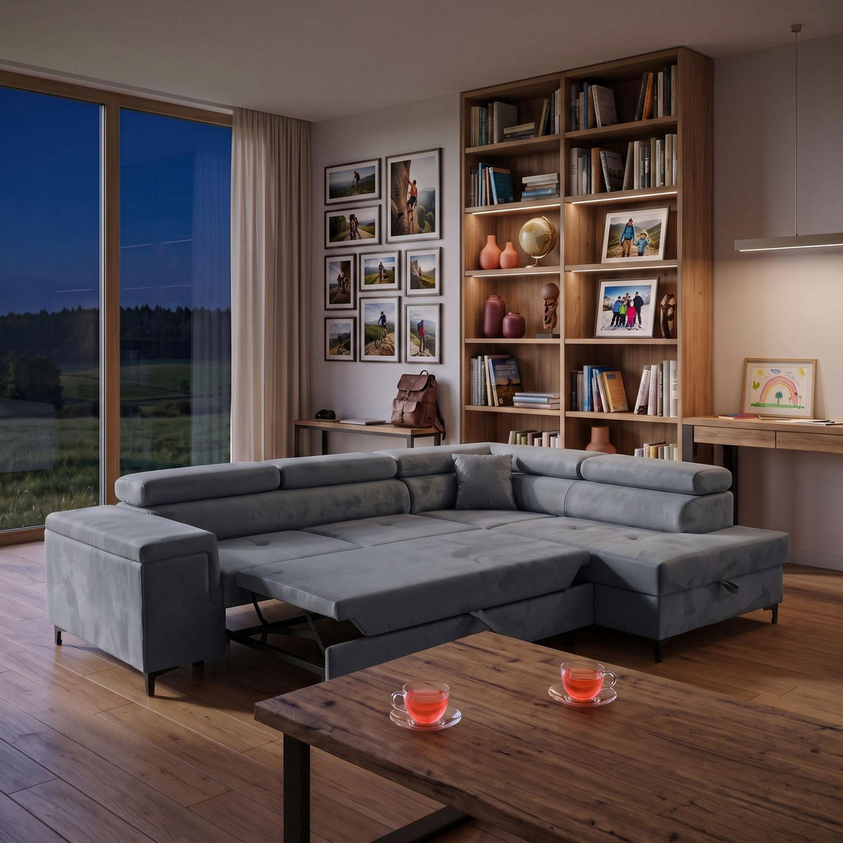 ECKSOFA WILLIAM L Rechts mit Schlaffunktion 127x195 Velours Grau - Silberfarben/Grau, Holz/Textil (203/275cm) - Muffo