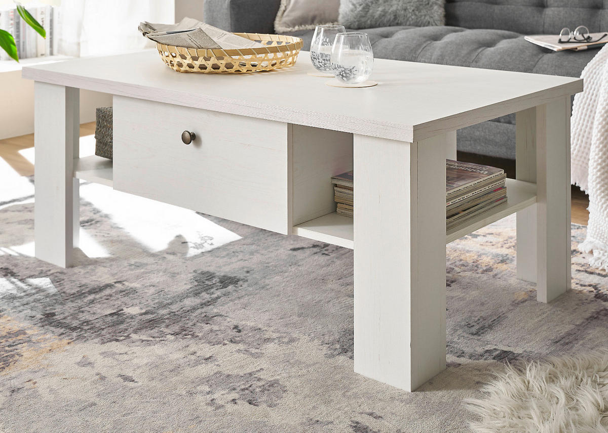 COUCHTISCH weiß Pinie Landhaus, Beistelltisch 107 x 67 cm, Soft-Close-Funktion - Weiß/Pinienfarben, Holzwerkstoff/Metall (110/70/45cm) - Furn.Design