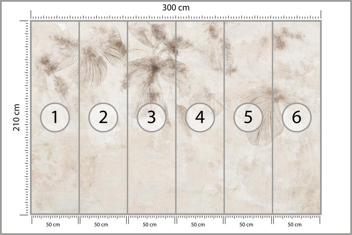 FOTOTAPETE für Wohnzimmer Boho Blumen auf Beton Natur Vintage 300x210 - Beige/Braun, Papier (300/210cm) - Muralo
