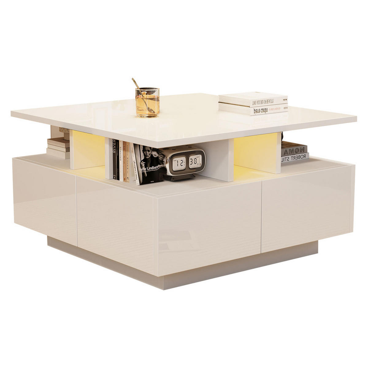 COUCHTISCH 70x70cm Weiß Hochglanz LED 4 Schubladen Geometrisch 30kg Belastung - Weiß, Holz (52.07/49.61/20.32cm) - FLIEKS