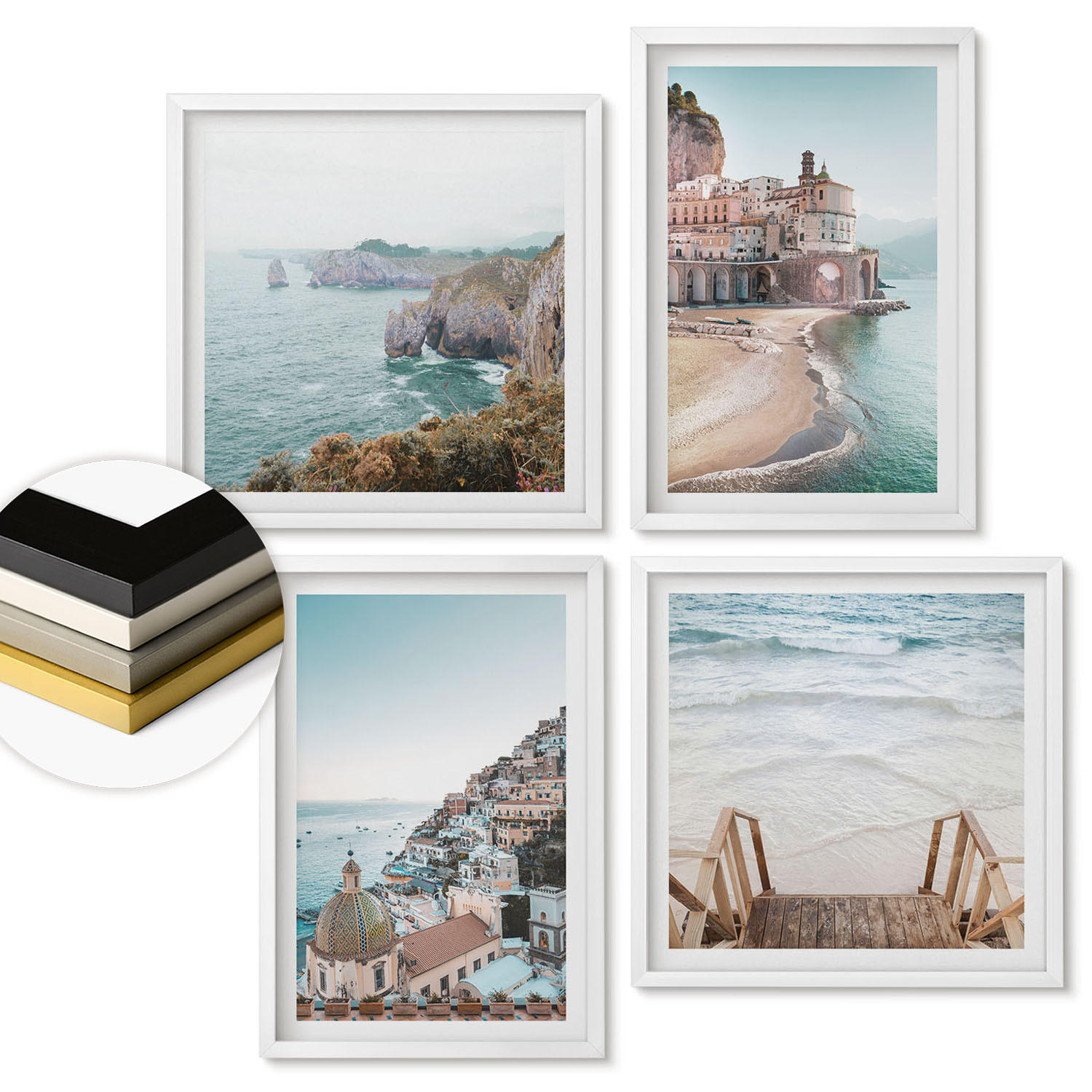 WANDBILDER 4er-Set - 50x50 cm & 40x60 cm Weißer Rahmen - Sommerliche Strandansichten in Pastellfarben - Weiß, Kunststoff (50/50cm) - ArtPrintCave