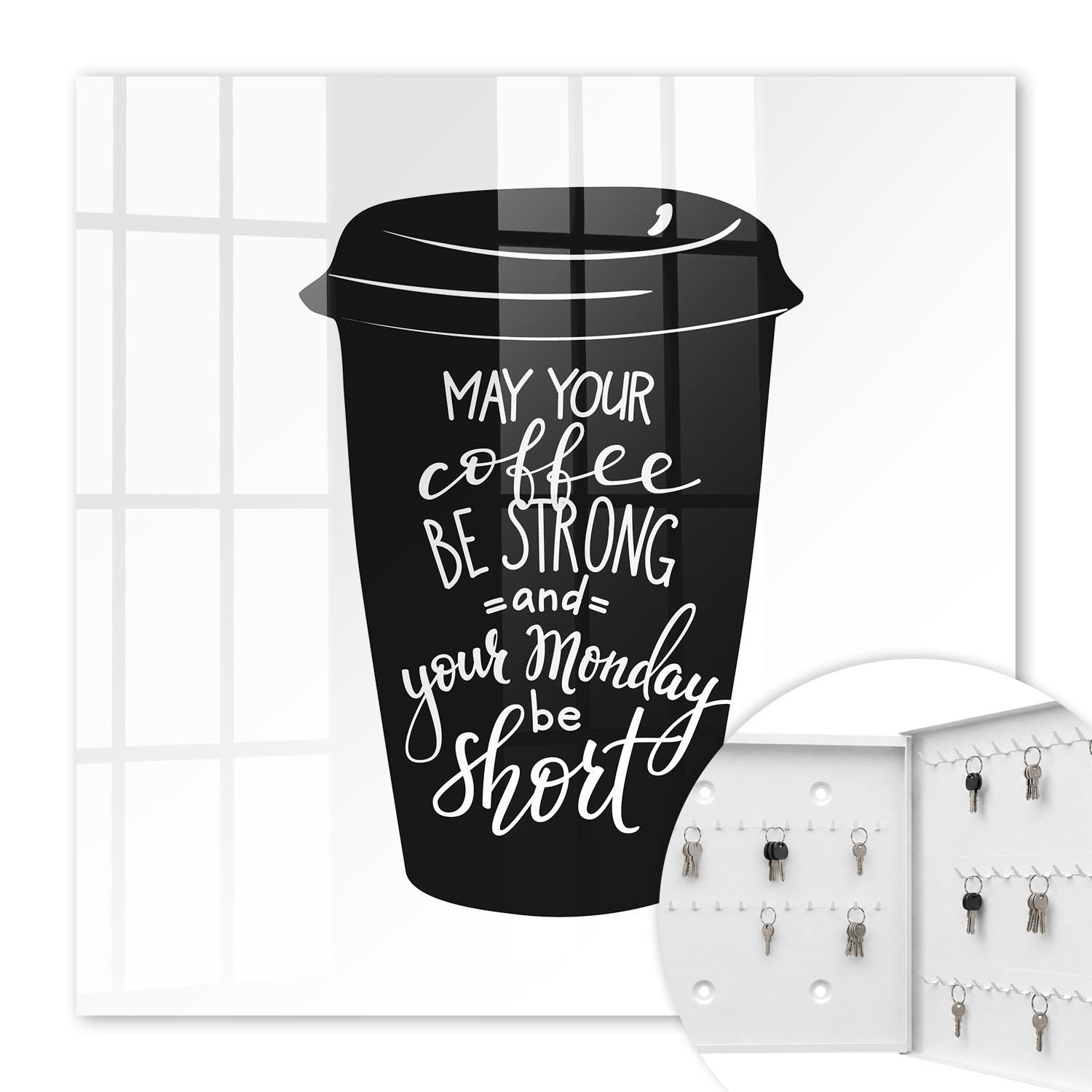 SCHLÜSSELBOX Weiß 30x30 cm – Türöffnung nach rechts - Kaffee und Humor - Schwarz, Metall (30/30/5cm) - TULUP