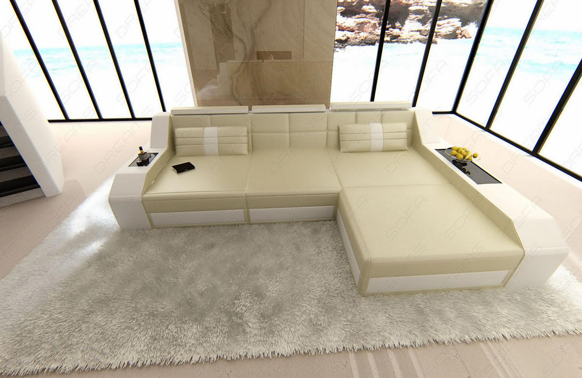 ECKSOFA Arezzo L - Beige/Weiß, Leder (308/194cm) - Sofa Dreams
