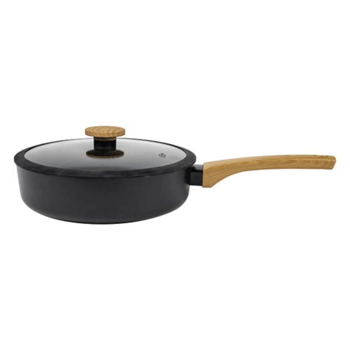 PFANNENSET Terra 3-Teilig, Induktionspfannen Edelstahl, 24cm Schmorpfanne Mit Glasdeckel, 28cm Bratpfanne, Antihaftbeschichtung, Spülmaschinenfest - Schwarz, Glas/Holz - Sabatier