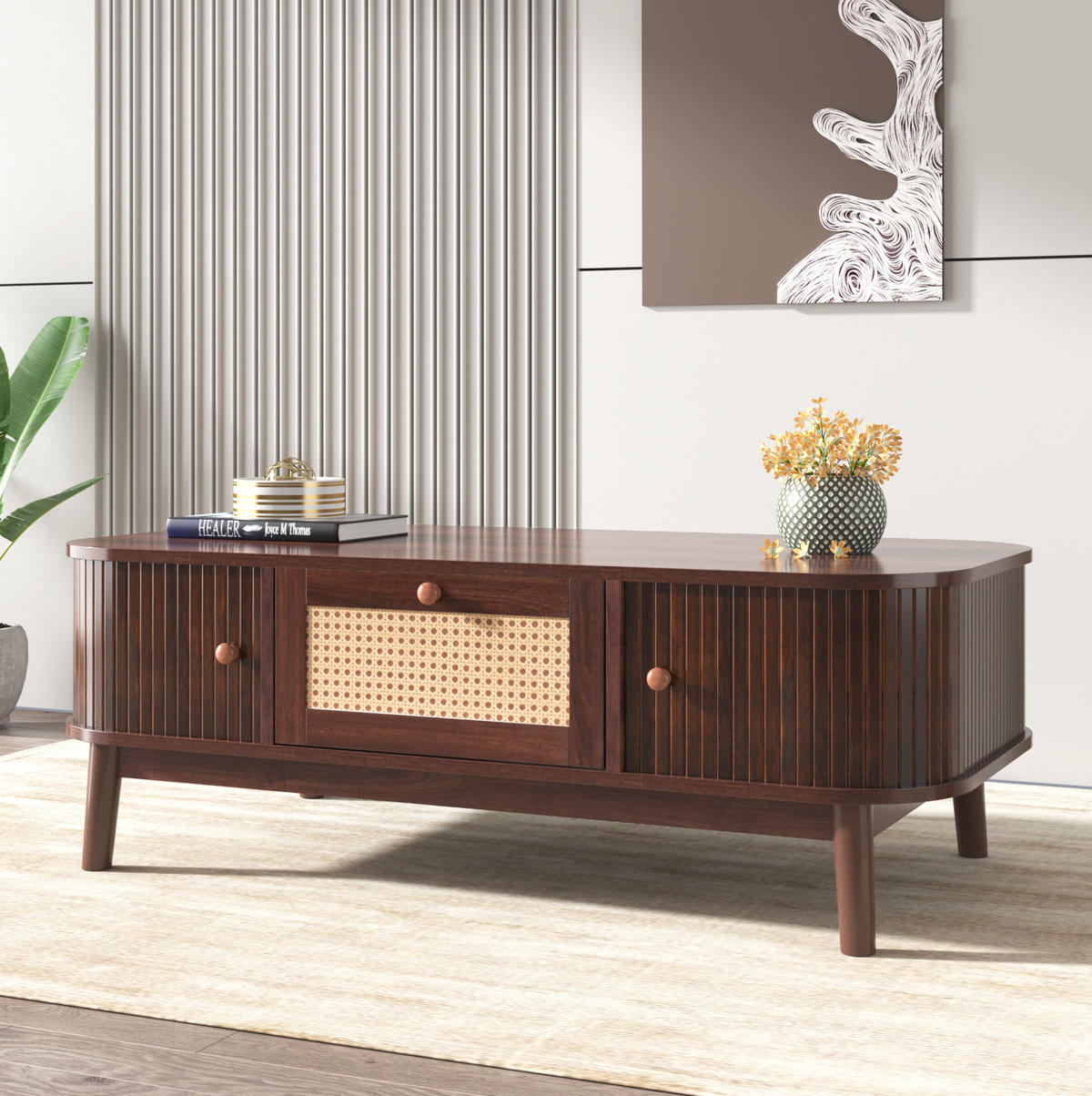COUCHTISCH 110/55/38.5 cm natur aus MDF mit Rattandetails - Naturfarben, Holzwerkstoff (110/55/38.5cm) - OKMYHOME