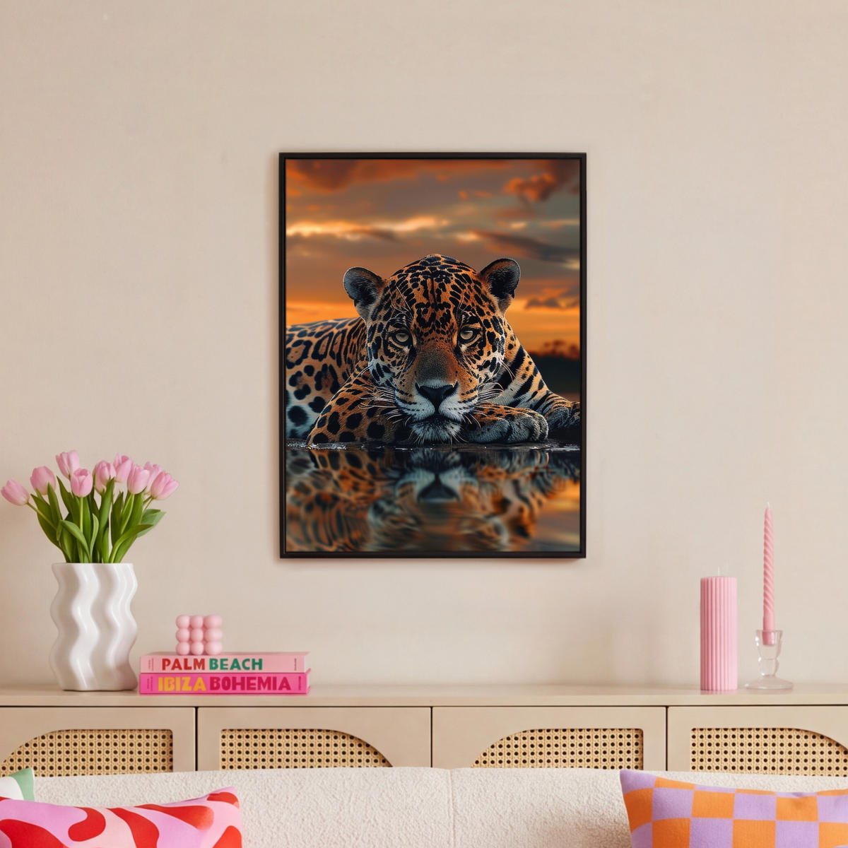 LEINWAND Bilder mit Rahmen - Natur - Leopard - Tier - Sonnenuntergang - Modern - 50x70 - Orange, Textil (50/70cm) - MuchoWow