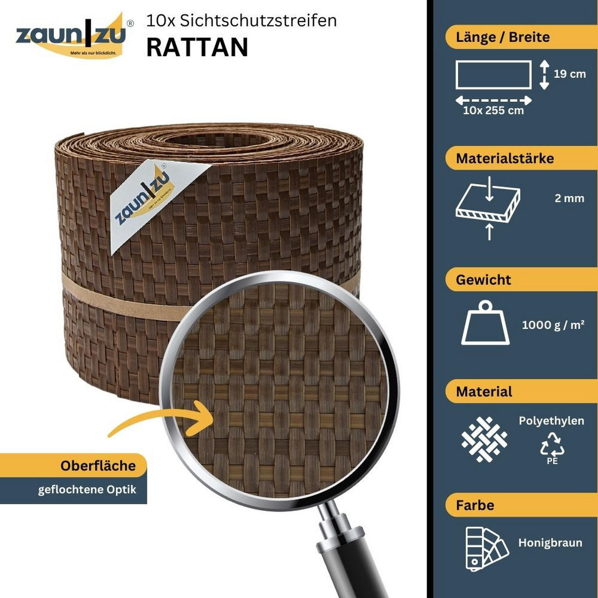 SICHTSCHUTZSTREIFEN Rattan für Doppelstabmatten UV-beständig Honigbraun 10x 2,55m - Rotbraun, Kunststoff (2550/19cm) - ZAUN|ZU
