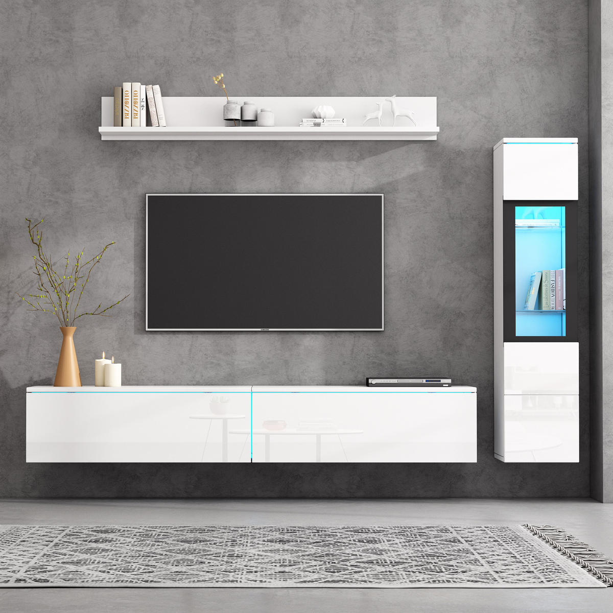 WOHNWAND-SET in Weiß mit LED Beleuchtung für Wohnzimmer, B180/T30/H130 cm - Weiß, Glas/Holzwerkstoff (180/30/33cm) - STILVORA