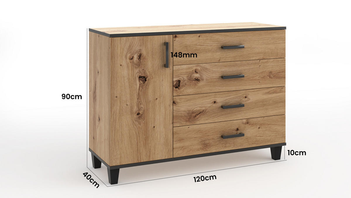 KOMMODE Vanessa I 120 cm mit Schubladen und Holzbeine, artisan, schwarz - Schwarz/Eiche Artisan, Holz/Kunststoff (120/90/40cm) - Margaret Hadas24