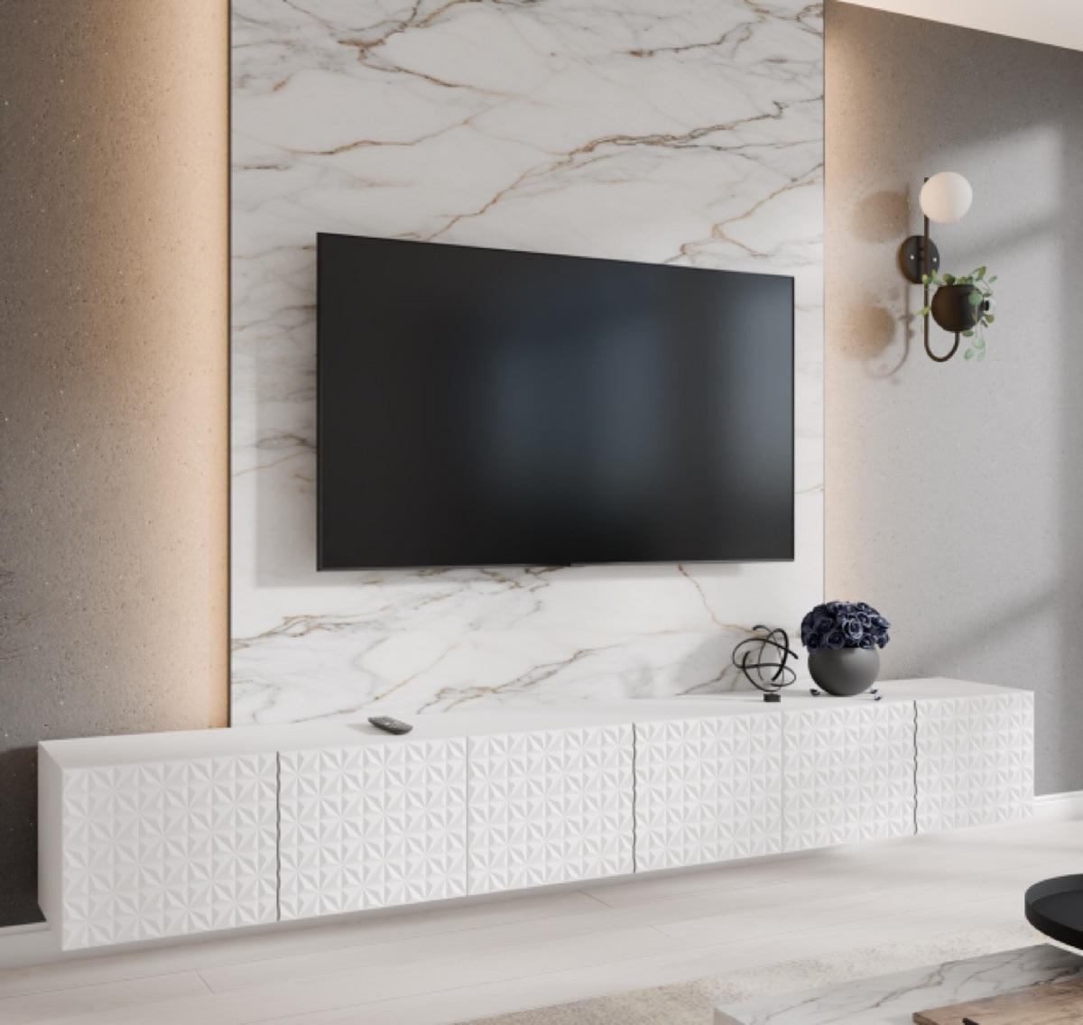 TV-SCHRANK Weiß ALI Geschlossen Mit Dekorativen Fronten 300 cm - Weiß, Holzwerkstoff (300/41/40cm) - Sepro Meble
