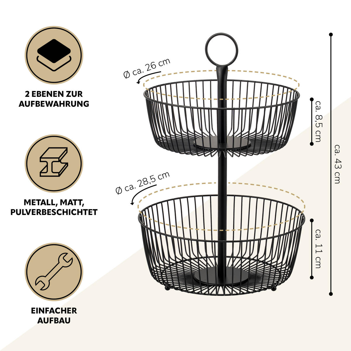OBSTETAGERE, 2-stöckig, rund, Metall, Schwarz - Schwarz, Metall (43cm) - eluno