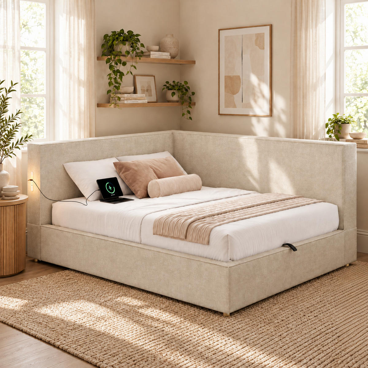 DAYBETT 140x190 cm, Beige, Chenille, LED, USB/Typ-C - Beige, Textil (140/200cm) - FLIEKS