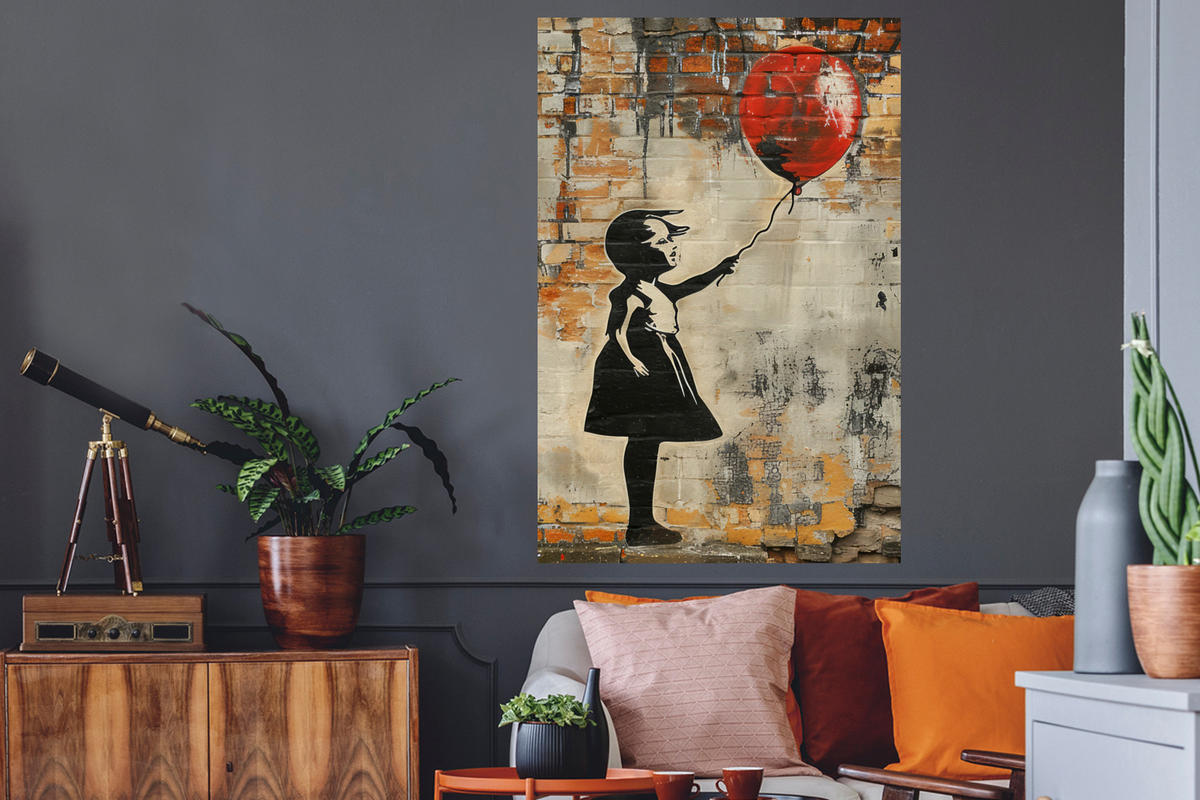 WANDTATTOO Graffiti - Banksy - Mädchen - Straßenkunst 80x120 cm - Sandfarben, Kunststoff (80/120/0.1cm) - MuchoWow