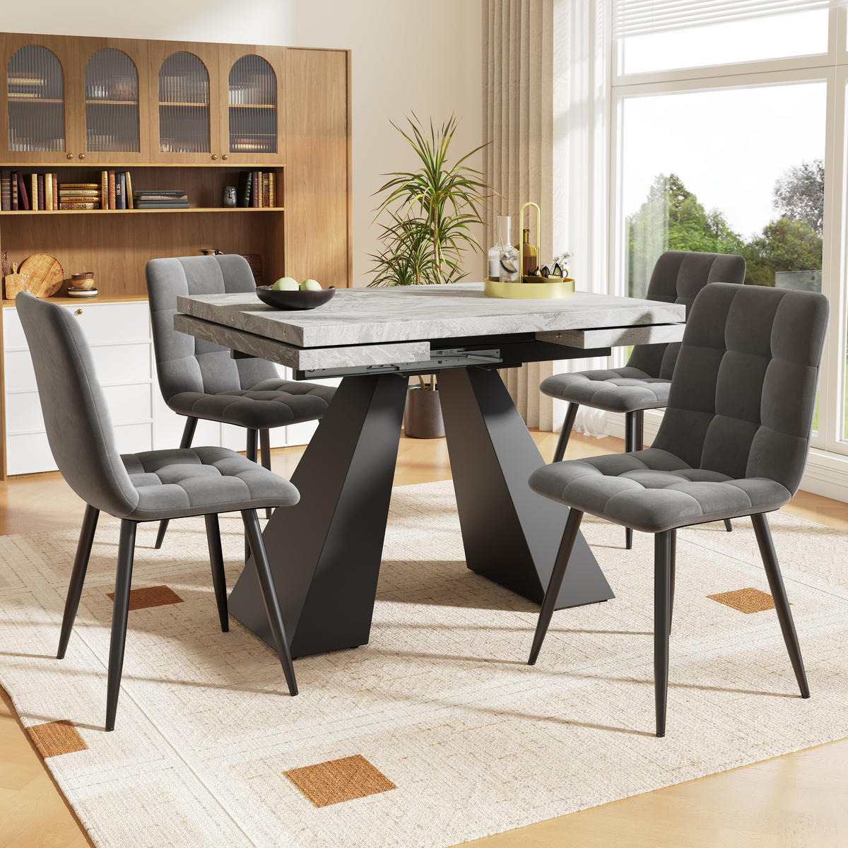 ESSGRUPPE DE-39188 ausziehbarer 160/74 cm Tisch mit 4 Stühlen Grau - Schwarz/Grau, Holzwerkstoff (160/77/74cm) - ComfortXL