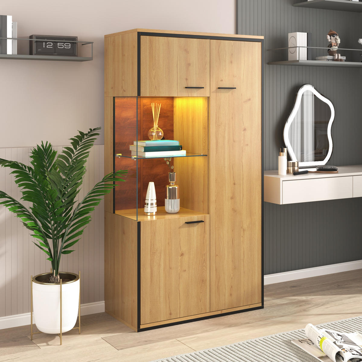 VITRINE 40/77,5/150 cm naturfarben aus MDF mit Glastür und LED - Naturfarben, Holzwerkstoff (77.5/150/40cm) - OKWISH